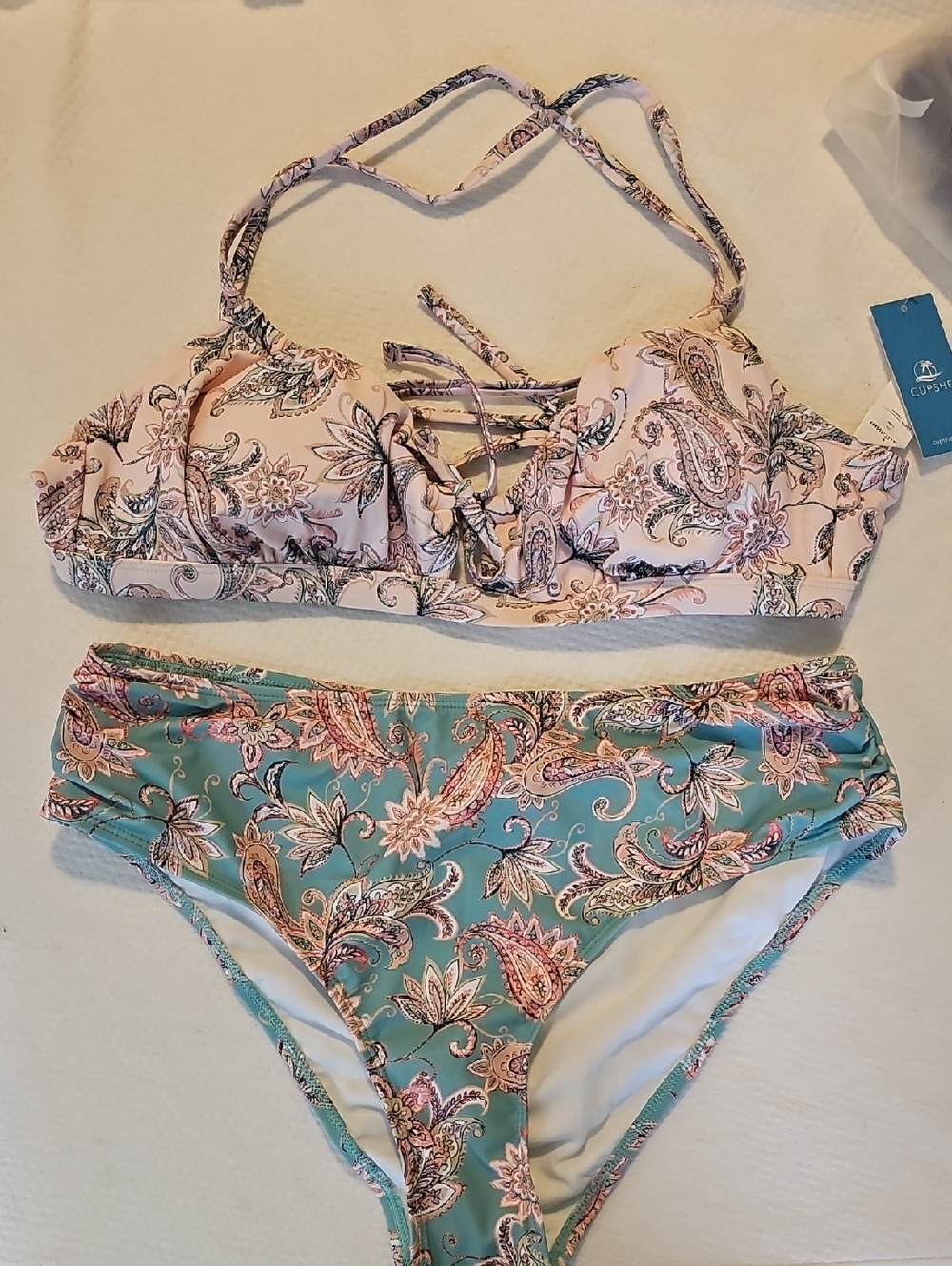 Cupshe Paisley Print Bikini Set in Pink & Teal